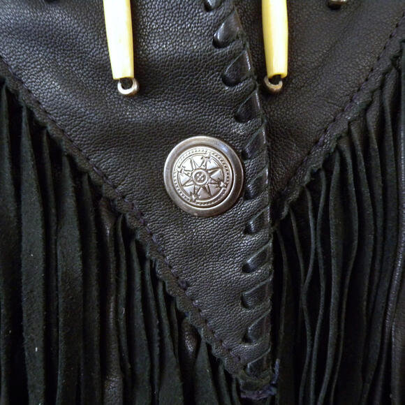 A. M. Bernardo Women's Black Leather Beaded Fringe Hippie Motorcycle Jacket XS - Picture 7 of 9